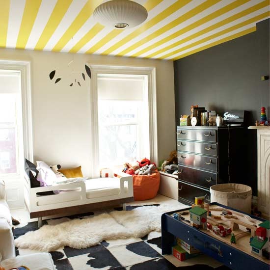Grey Room with Yellow and Hot Pink via Rusty Hinges Stripey Ceiling via
